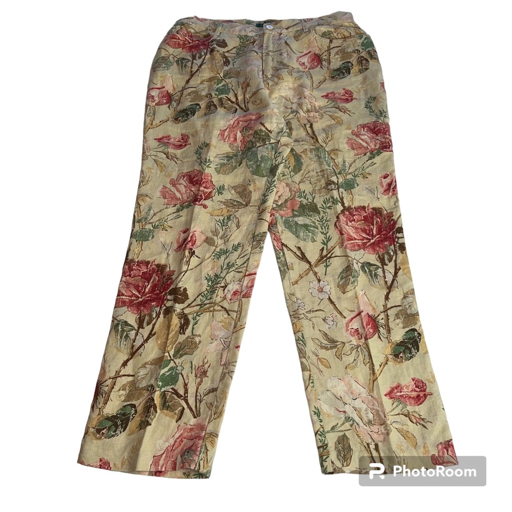 RALPH LAUREN 90s Linen Floral Roses Tapered Leg Pant Vintage Zip Front Sz 12 LRL